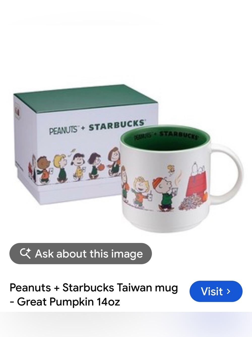 #3367**Collectable Peanuts Mug-White & Green Interior with Great Pumpkin